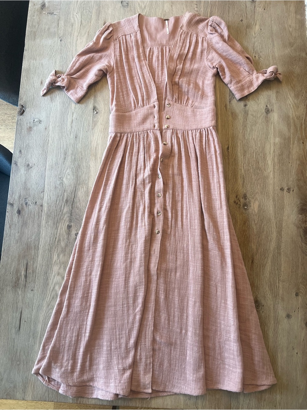 Free People Blush Pink Button Front Midi Dress XS Tie Sleeve Boho Cottagecore